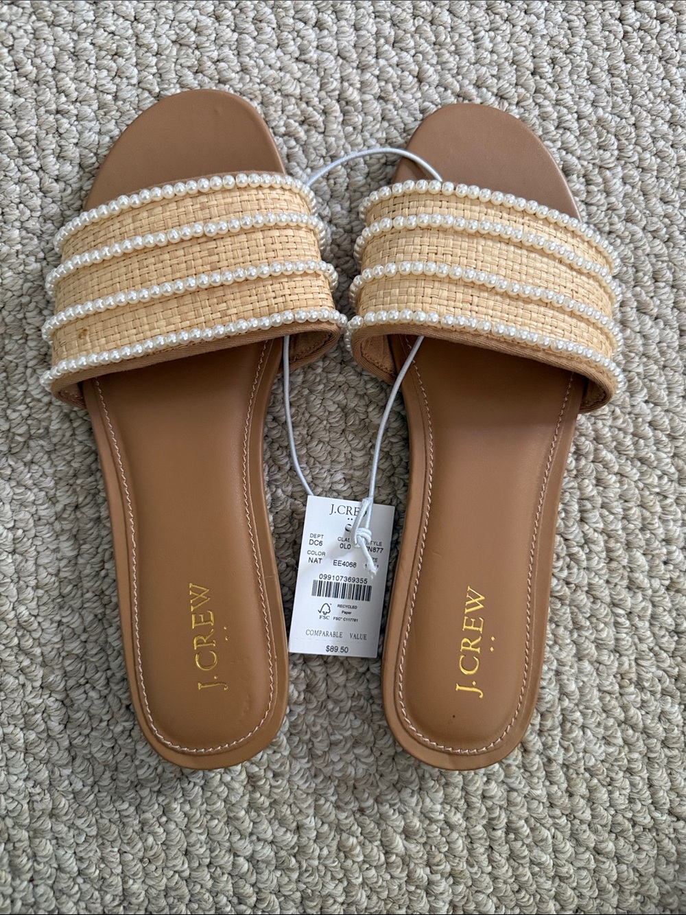 J. Crew Slide Sandals with Raffia and Pearls